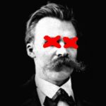 Fotografía de Nietzsche en blanco y negro con los ojos tachados