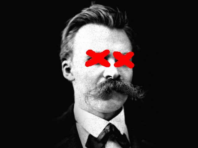 Fotografía de Nietzsche en blanco y negro con los ojos tachados