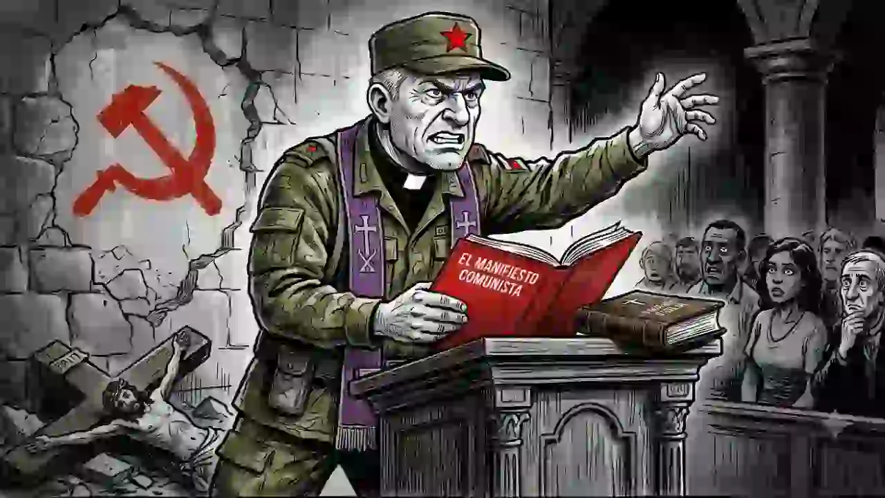 Caricatura política en blanco y negro con detalles en rojo. Un sacerdote con uniforme militar, gorra con estrella roja y un fusil AK-47 predica desde el atril de una iglesia. Sostiene un libro rojo con el título 'El Manifiesto Comunista', mientras la Biblia permanece cerrada a un lado. Al fondo, un crucifijo yace descolgado en el suelo y en su lugar sobre la pared se muestra el símbolo de la hoz y el martillo. En los bancos, la congregación observa con incredulidad.
