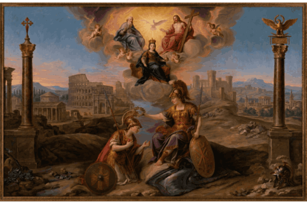 Pintura alegórica barroca que representa a la figura de Roma coronando a Hispania, arrodillada con armadura y escudo. En el cielo, la escena es bendecida por la Virgen María y la Santísima Trinidad. El fondo combina el Coliseo romano con un castillo medieval. Toda la composición está enmarcada por dos columnas que evocan las Columnas de Hércules: una rematada con la Cruz de Santiago y la otra con el águila romana y las siglas SPQR.