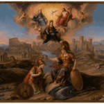 Pintura alegórica barroca que representa a la figura de Roma coronando a Hispania, arrodillada con armadura y escudo. En el cielo, la escena es bendecida por la Virgen María y la Santísima Trinidad. El fondo combina el Coliseo romano con un castillo medieval. Toda la composición está enmarcada por dos columnas que evocan las Columnas de Hércules: una rematada con la Cruz de Santiago y la otra con el águila romana y las siglas SPQR.