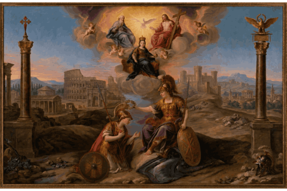 Pintura alegórica barroca que representa a la figura de Roma coronando a Hispania, arrodillada con armadura y escudo. En el cielo, la escena es bendecida por la Virgen María y la Santísima Trinidad. El fondo combina el Coliseo romano con un castillo medieval. Toda la composición está enmarcada por dos columnas que evocan las Columnas de Hércules: una rematada con la Cruz de Santiago y la otra con el águila romana y las siglas SPQR.