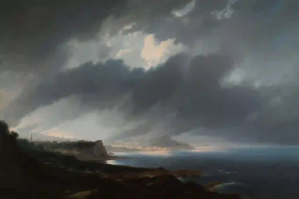 Pintura clásica del Estrecho de Gibraltar vista desde la costa española, con Ceuta al fondo bajo un cielo tormentoso y el mar en calma.