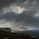 Pintura clásica del Estrecho de Gibraltar vista desde la costa española, con Ceuta al fondo bajo un cielo tormentoso y el mar en calma.