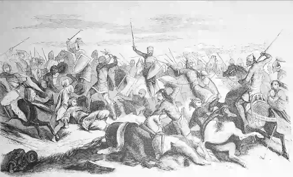 Grabado del siglo XIX que representa la batalla de Simancas de 939, con el rey Ramiro II de León derrotando a las tropas del califa Abderramán III junto a la villa de Simancas.
