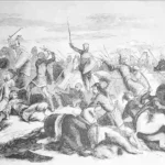 Grabado del siglo XIX que representa la batalla de Simancas de 939, con el rey Ramiro II de León derrotando a las tropas del califa Abderramán III junto a la villa de Simancas.