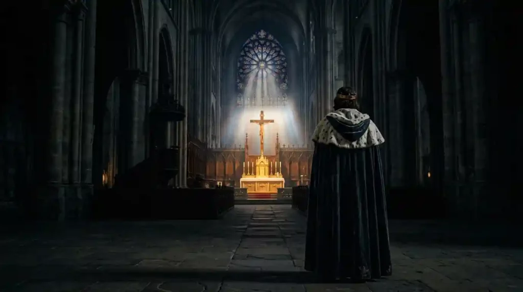 Un príncipe cristiano con corona y manto ceremonial contemplando en silencio un crucifijo iluminado en el altar de una gran catedral gótica.