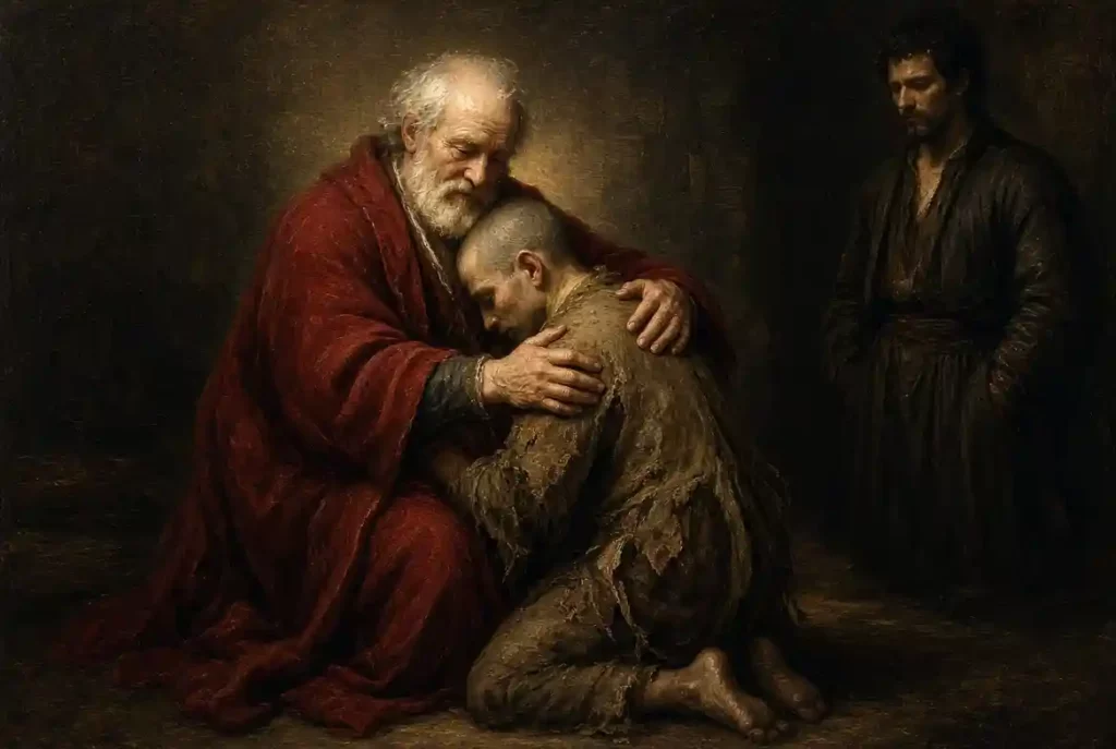 Padre misericordioso acogiendo a su hijo arrodillado, inspirado en la parábola del hijo pródigo.