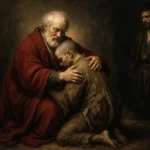 Padre misericordioso acogiendo a su hijo arrodillado, inspirado en la parábola del hijo pródigo.