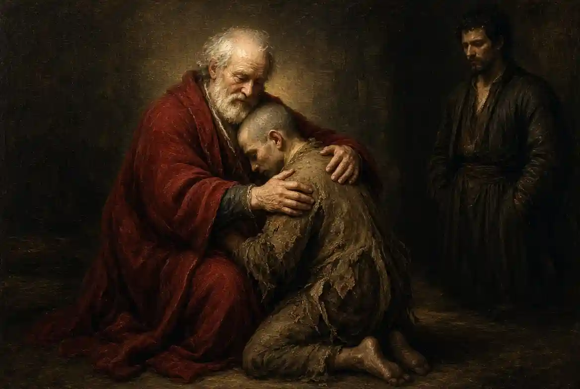 Padre misericordioso acogiendo a su hijo arrodillado, inspirado en la parábola del hijo pródigo.